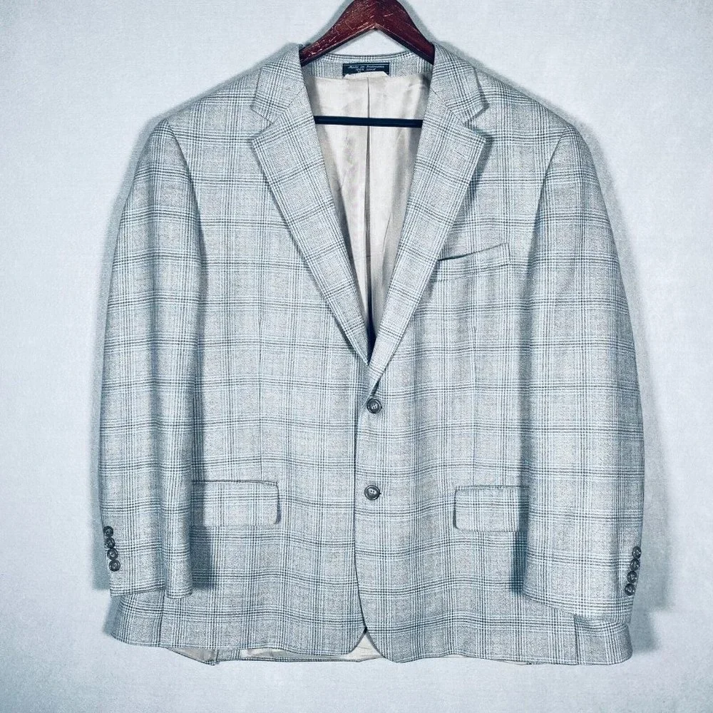 Haspel Wool Blazer Mens 46R Beige Windowpane Check Single Breasted Jacket